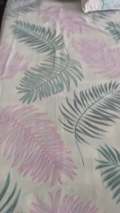 Pastel Pink and Green Double Bedsheet with 2 Frill Pillows and 2 Cushion Covers