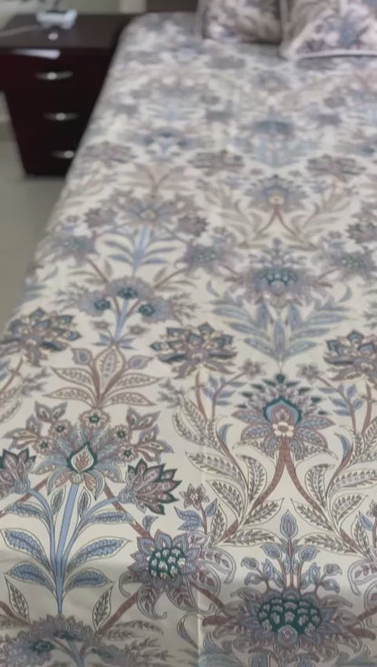 Blue Floral Print Double Bedsheet with 2 Frill Pillows and 2 Cushions